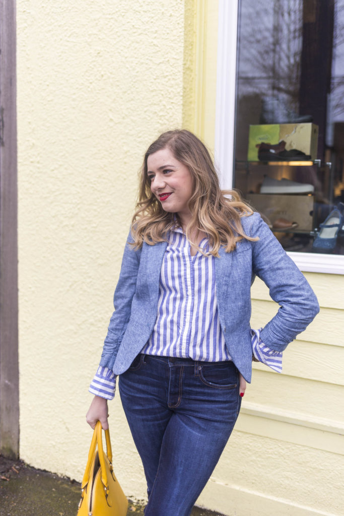 spring style essentials - chambray blazer - chambray jacket - high waist crop jeans - how to dress up denim 
