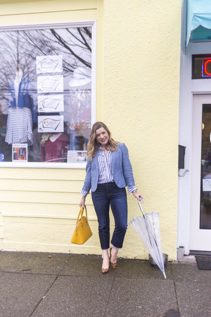 spring style essentials - chambray blazer - chambray jacket - high waist crop jeans - how to dress up denim 