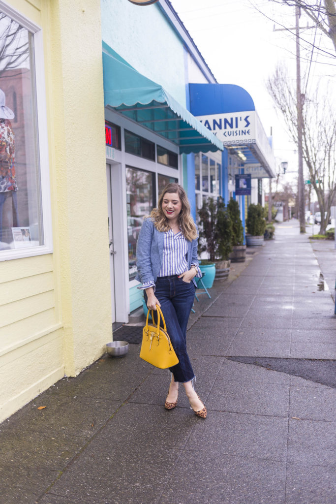 spring style essentials - chambray blazer - chambray jacket - high waist crop jeans - how to dress up denim 