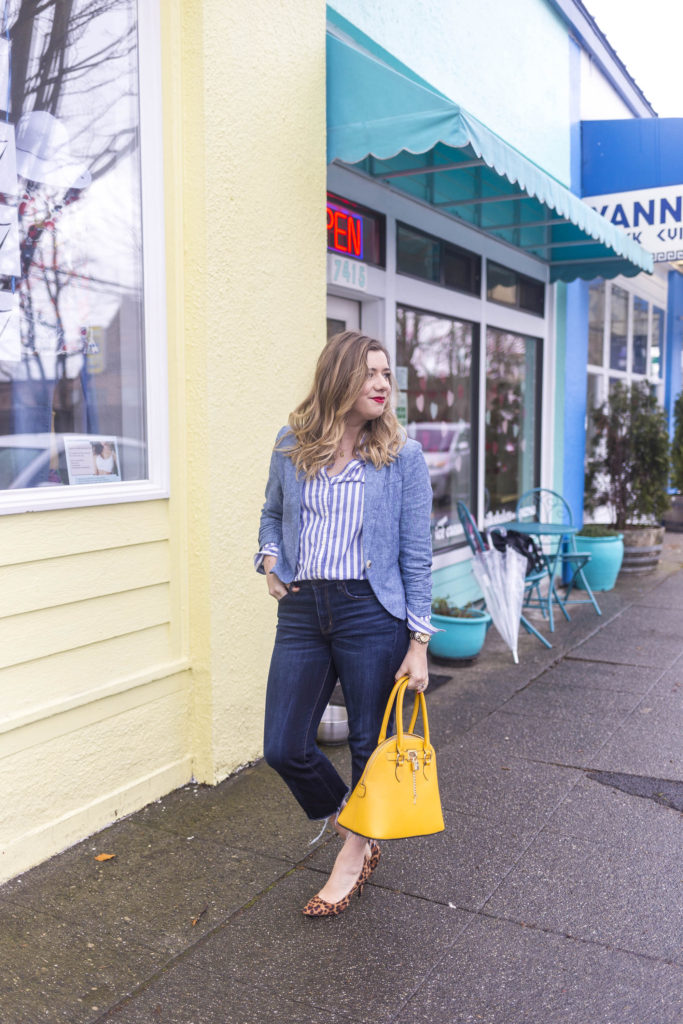 spring style essentials - chambray blazer - chambray jacket - high waist crop jeans - how to dress up denim 
