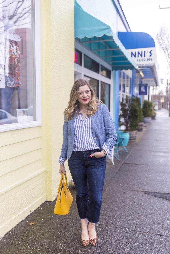 spring style essentials - chambray blazer - chambray jacket - high waist crop jeans - how to dress up denim 