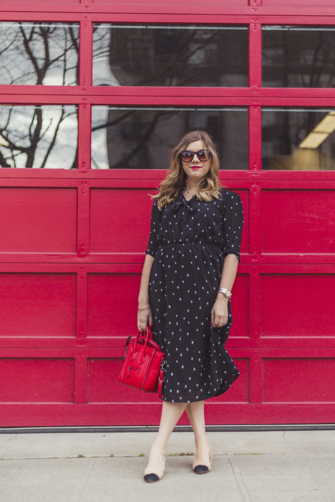 shop stevie polka dot dress - celine luggage nano - how to budget for shopping 