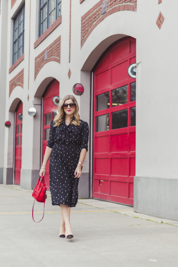 shop stevie polka dot dress - celine luggage nano - how to budget for shopping 