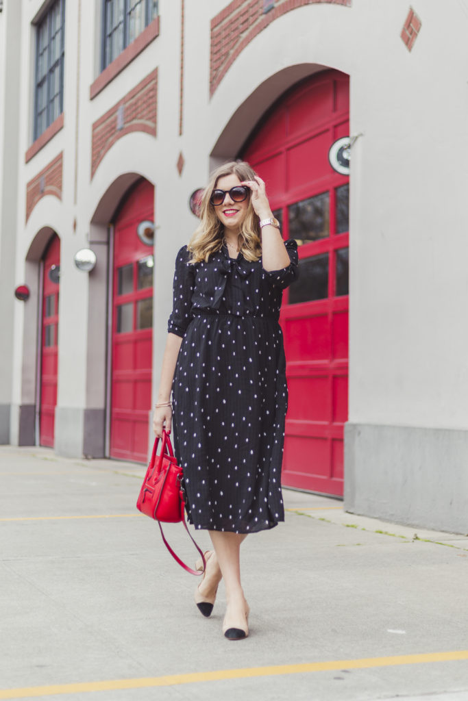 shop stevie polka dot dress - celine luggage nano - how to budget for shopping 