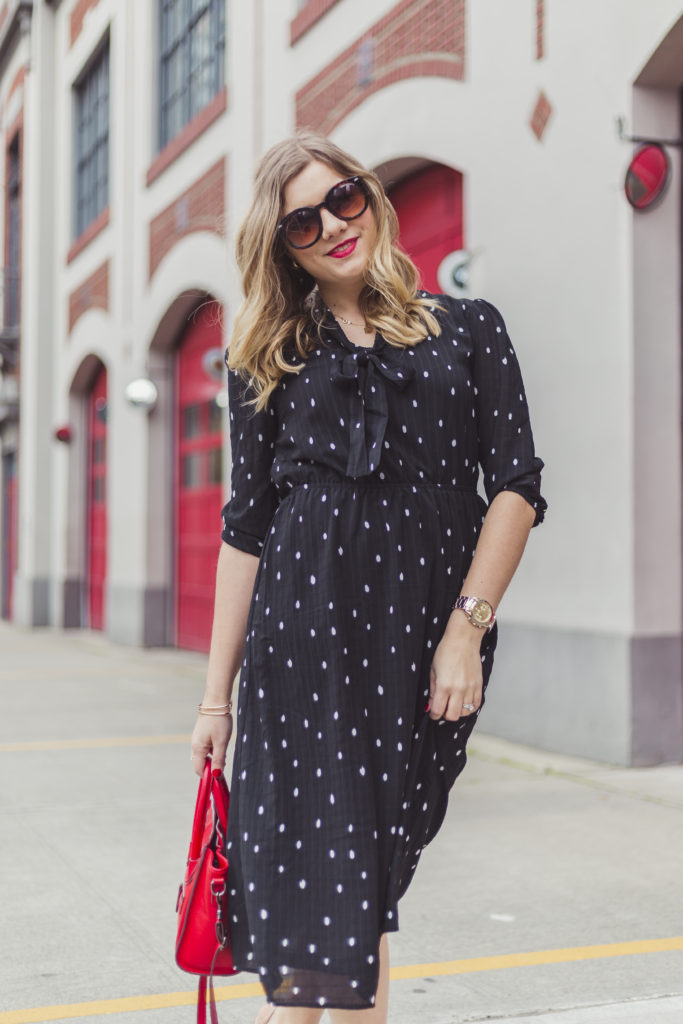 shop stevie polka dot dress - celine luggage nano - how to budget for shopping 