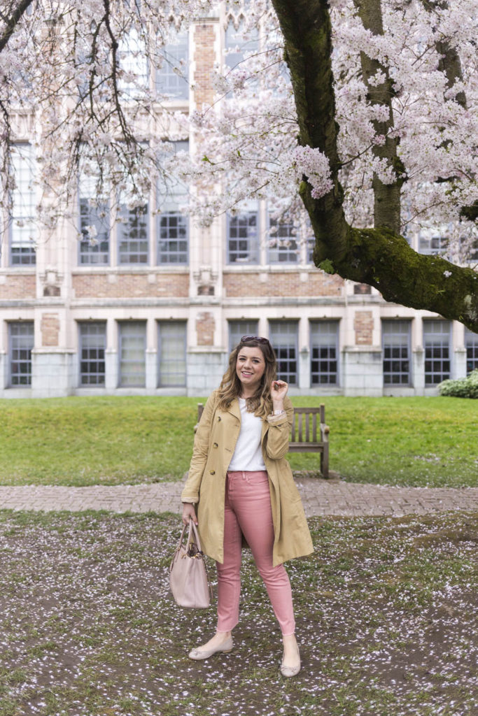 spring style essentials - trench coat - why you need a trench coat - UW cherry blossoms - Old Navy straight leg jeans - pink jeans outfit 