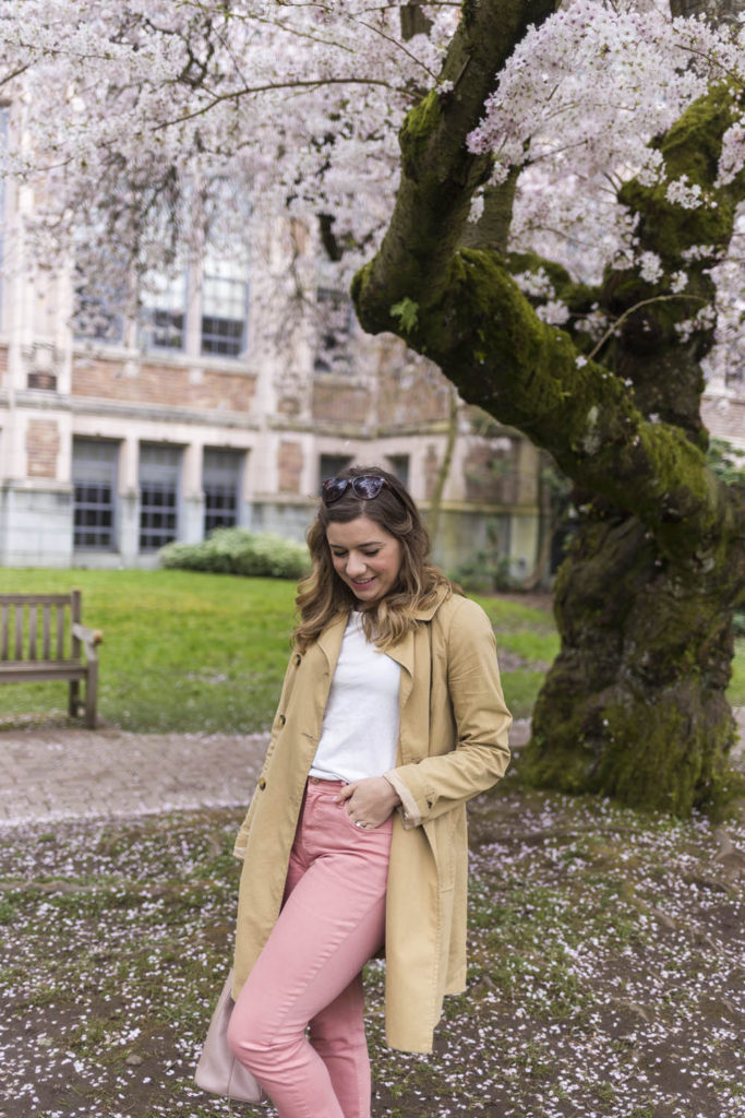 spring style essentials - trench coat - why you need a trench coat - UW cherry blossoms - Old Navy straight leg jeans - pink jeans outfit 