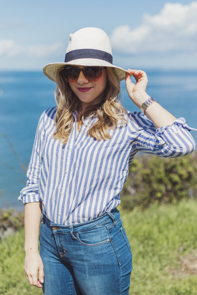 casual summer outfit - chic summer outfit - stripe button up shirt - Old Navy rockstar jeans 