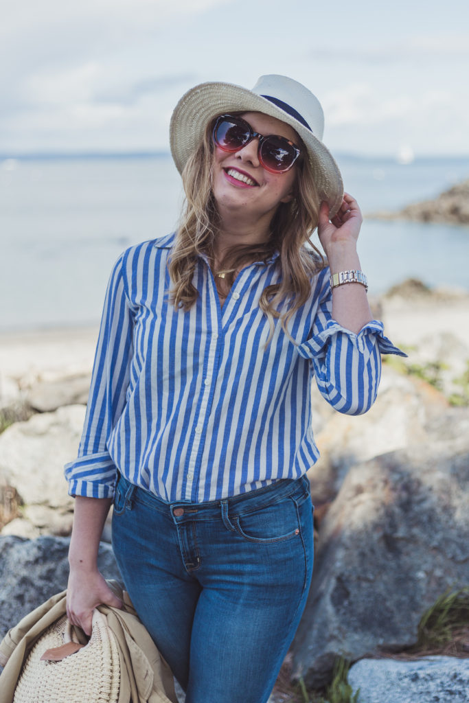 casual summer outfit - chic summer outfit - stripe button up shirt - Old Navy rockstar jeans 