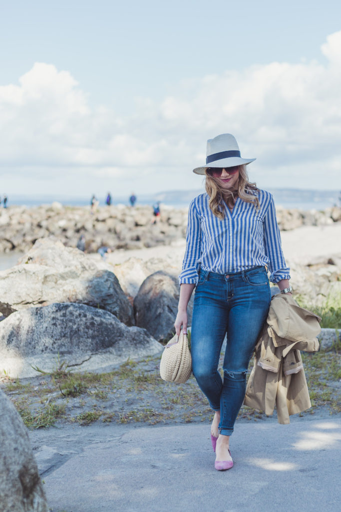 casual summer outfit - chic summer outfit - stripe button up shirt - Old Navy rockstar jeans 