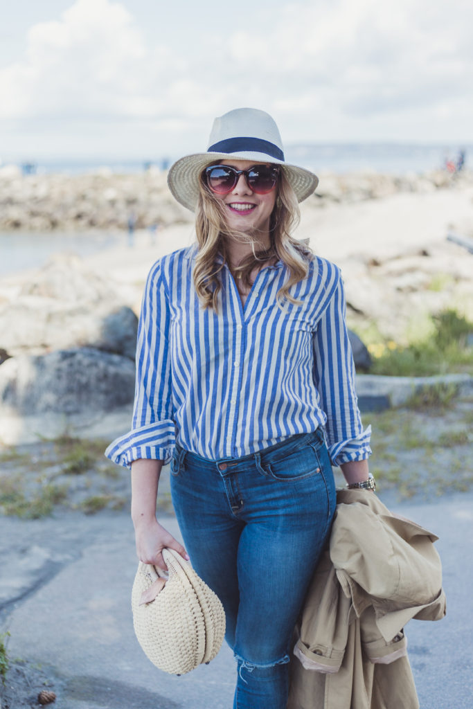 casual summer outfit - chic summer outfit - stripe button up shirt - Old Navy rockstar jeans 