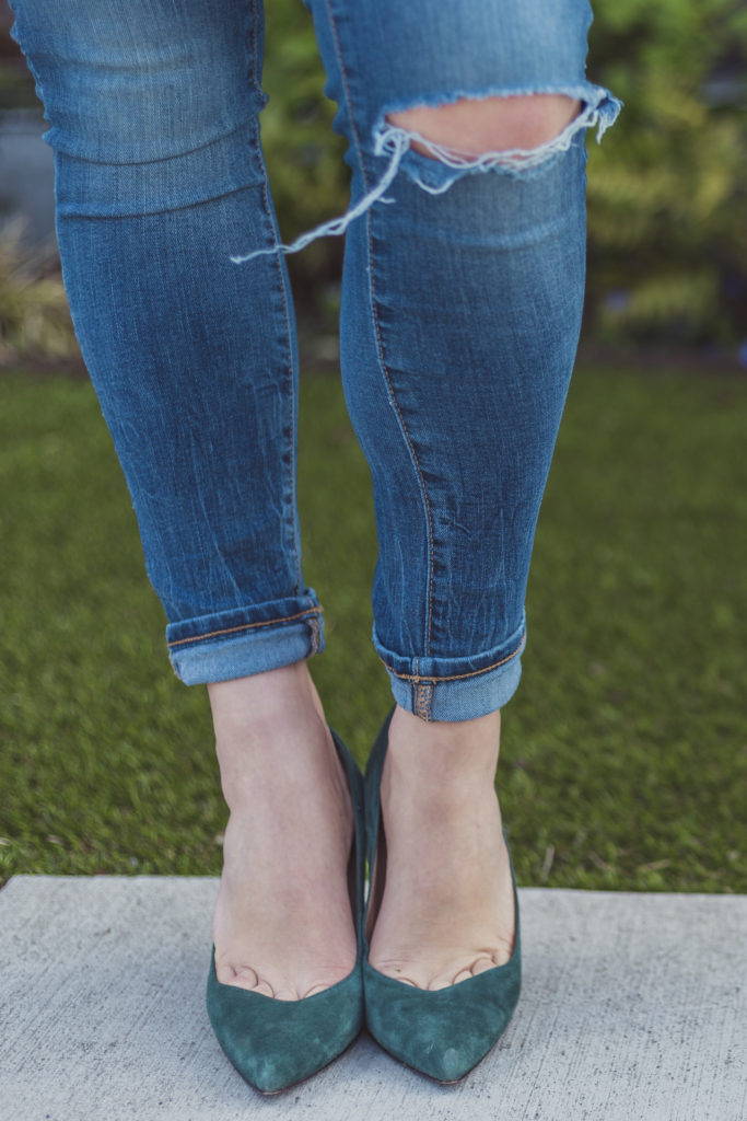 most comfortable heels - banana republic madison - green high heels - target floral blazer - how to wear a floral blazer 