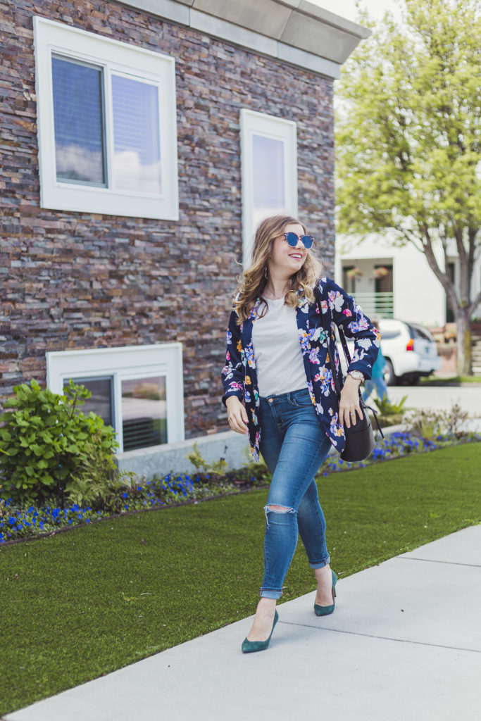 most comfortable heels - banana republic madison - green high heels - target floral blazer - how to wear a floral blazer 