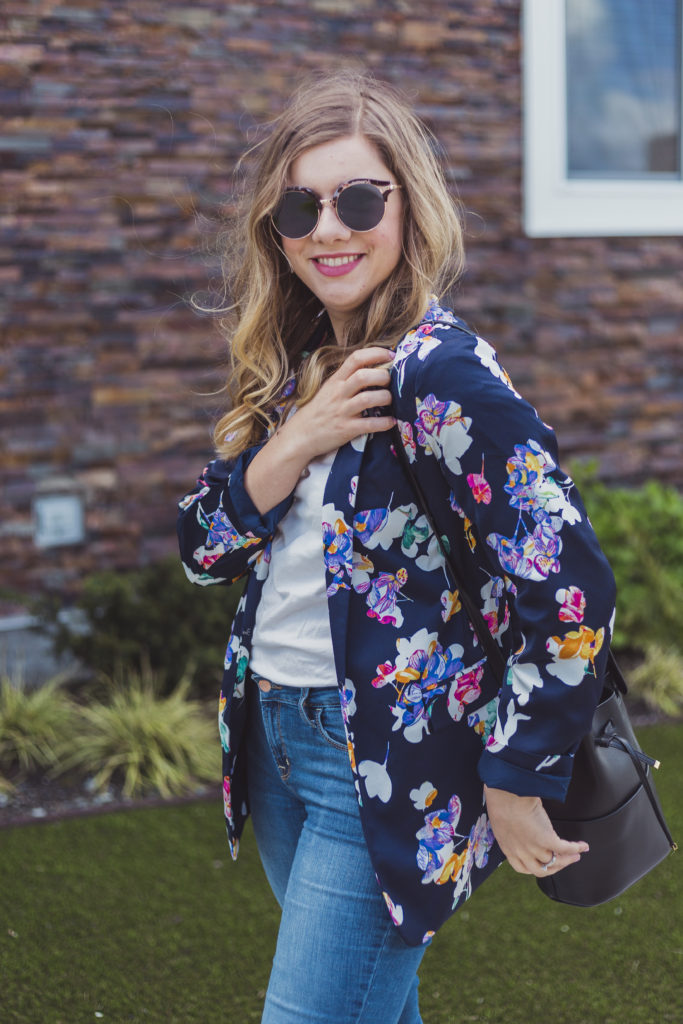 most comfortable heels - banana republic madison - green high heels - target floral blazer - how to wear a floral blazer 