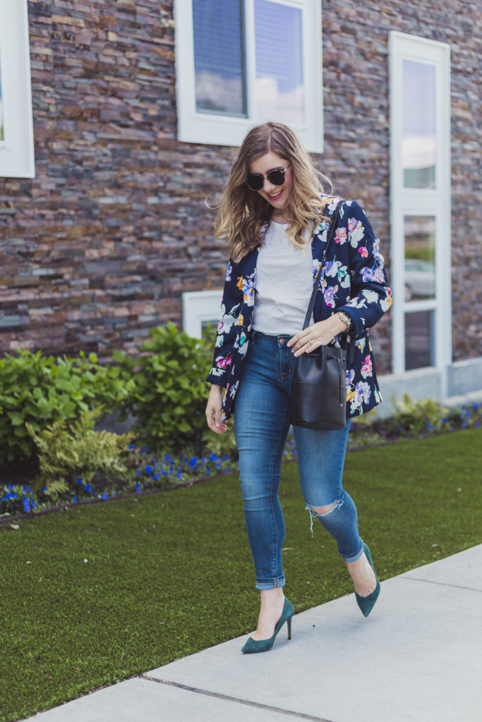 most comfortable heels - banana republic madison - green high heels - target floral blazer - how to wear a floral blazer 