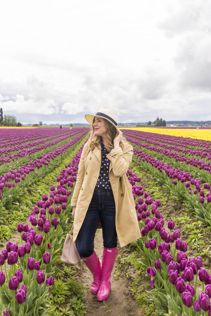 most worn spring accessories - pink hunter boots - J.Crew trench coat - tulip fields - tulip festival - Skagit Valley tulip festival