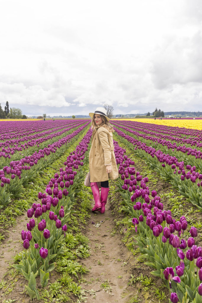 most worn spring accessories - pink hunter boots - J.Crew trench coat - tulip fields - tulip festival - Skagit Valley tulip festival 