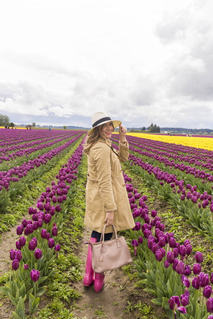 most worn spring accessories - pink hunter boots - J.Crew trench coat - tulip fields - tulip festival - Skagit Valley tulip festival 