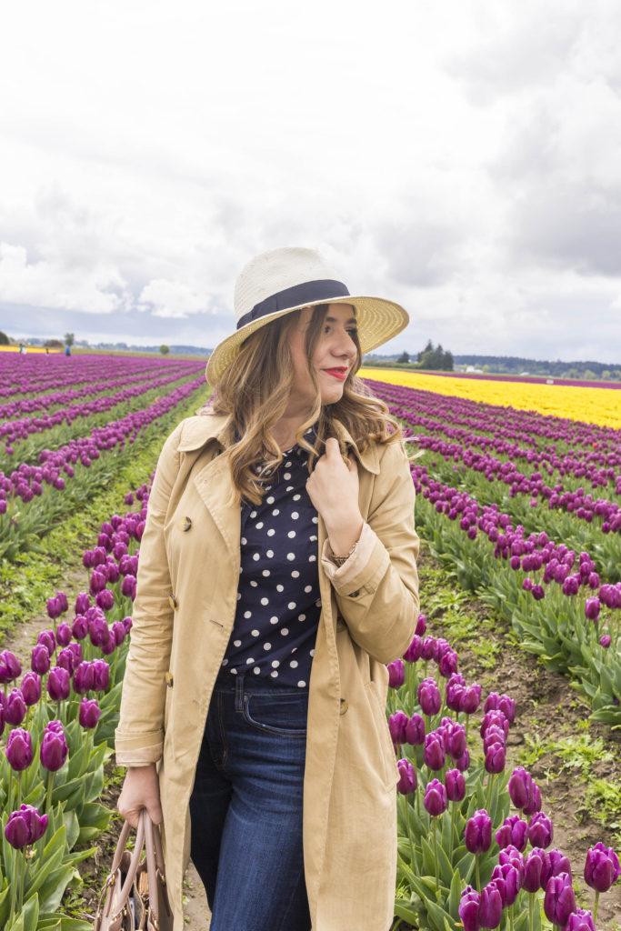 most worn spring accessories - pink hunter boots - J.Crew trench coat - tulip fields - tulip festival - Skagit Valley tulip festival 