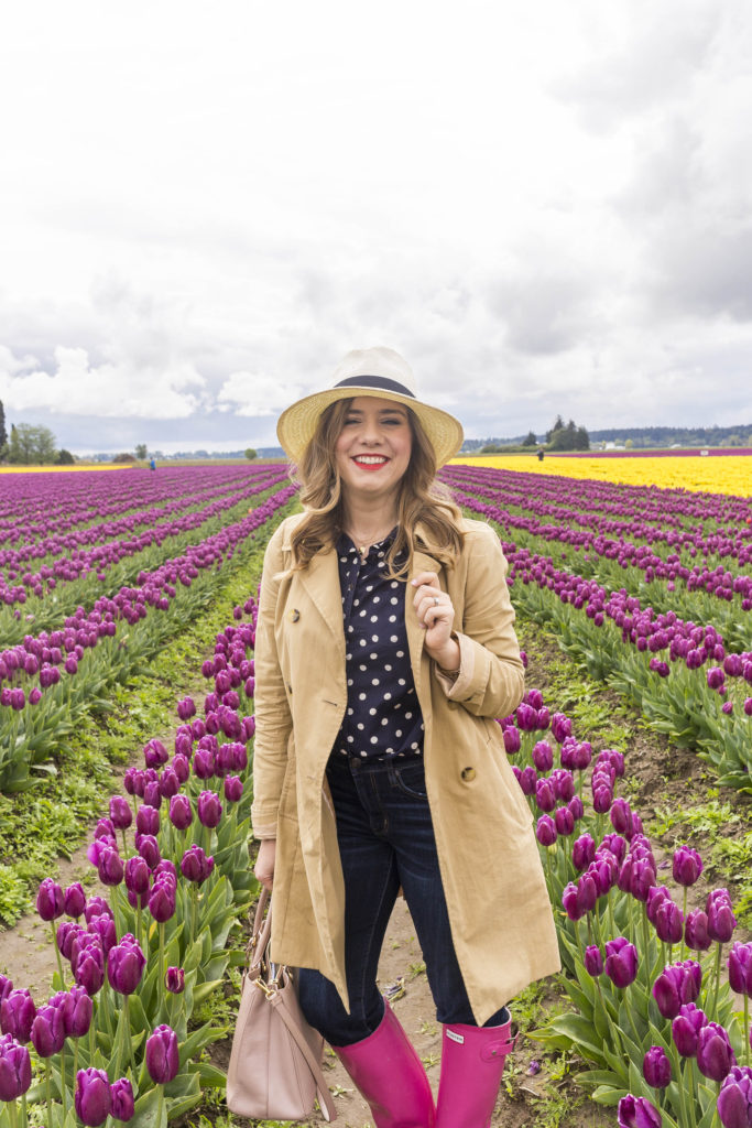 most worn spring accessories - pink hunter boots - J.Crew trench coat - tulip fields - tulip festival - Skagit Valley tulip festival 