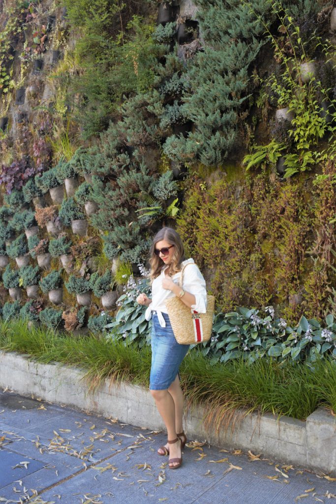 affordable basket bag - denim skirt - easy summer outfit - summer accessories - eyelet boyfriend shirt