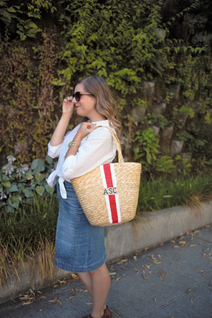 affordable basket bag - denim skirt - easy summer outfit - summer accessories - eyelet boyfriend shirt