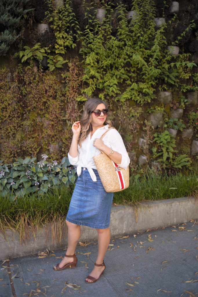 affordable basket bag - denim skirt - easy summer outfit - summer accessories - eyelet boyfriend shirt