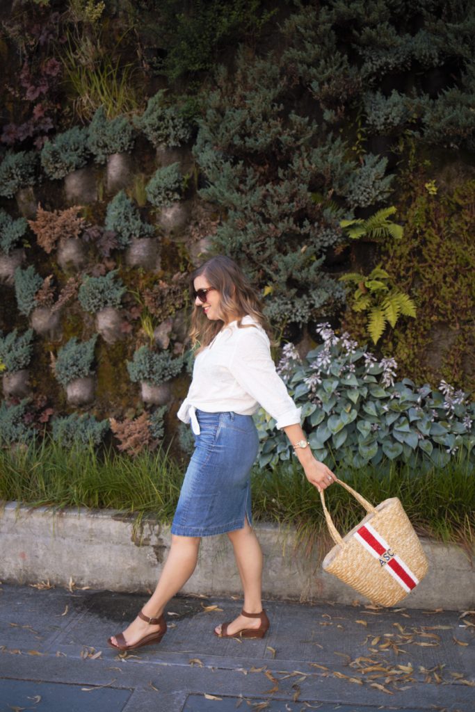 affordable basket bag - denim skirt - easy summer outfit - summer accessories - eyelet boyfriend shirt