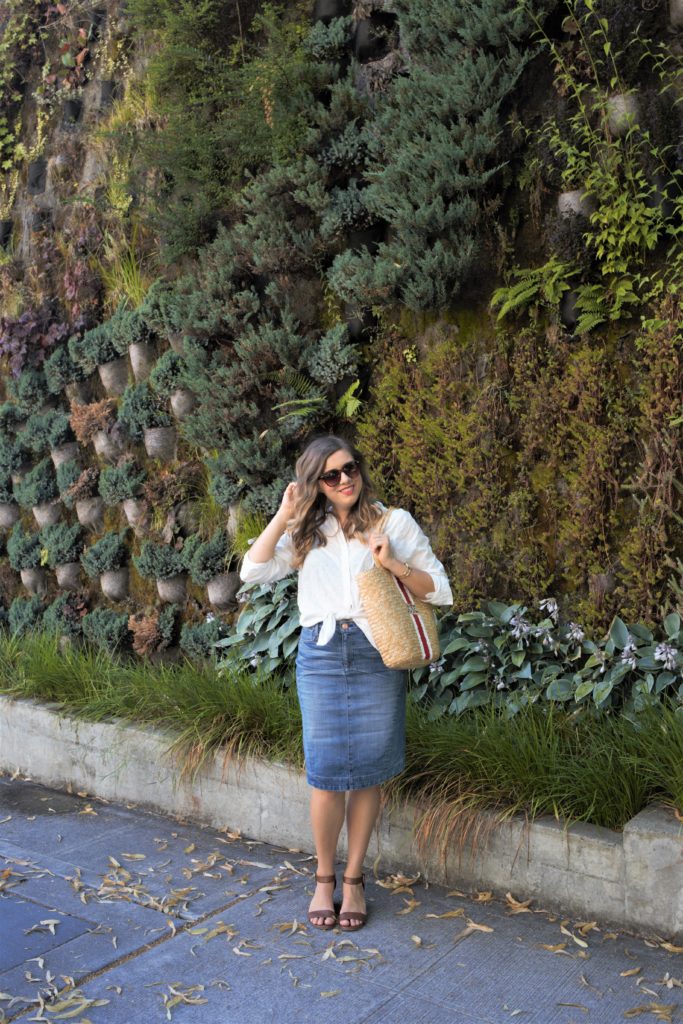 affordable basket bag - denim skirt - easy summer outfit - summer accessories - eyelet boyfriend shirt