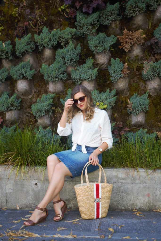 affordable basket bag - denim skirt - easy summer outfit - summer accessories - eyelet boyfriend shirt