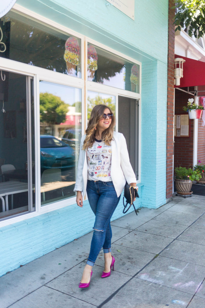 J.crew New York tee - Old Navy rockstar jeans - GiGi New York - dressy casual outfit idea