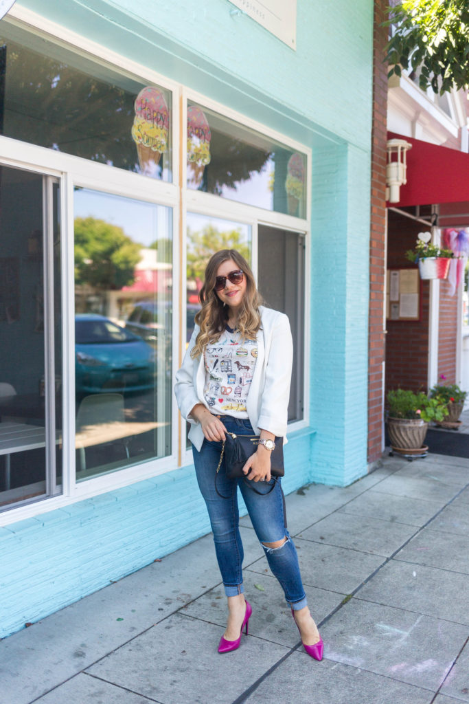 J.crew New York tee - Old Navy rockstar jeans - GiGi New York - dressy casual outfit idea