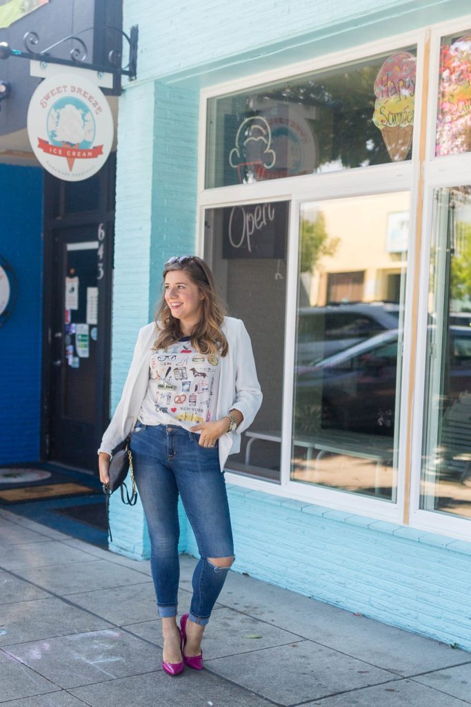 J.crew New York tee - Old Navy rockstar jeans - GiGi New York - dressy casual outfit idea