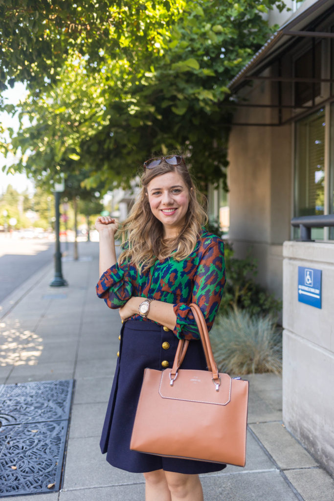 pre fall outfit idea - DVF blouse - office outfit idea - what to wear to work September - perfect work handbag - Banana Republic 12 hr pump Madison