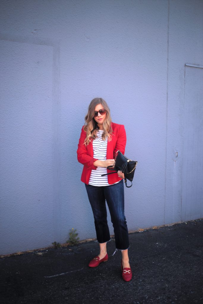 summer stripes - american eagle crop jeans - red loafer outfit - red blazer outfit - Ann Taylor blazer