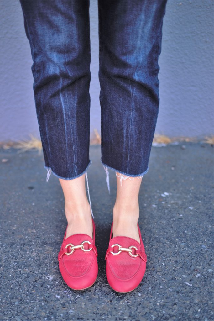 summer stripes - american eagle crop jeans - red loafer outfit - red blazer outfit - Ann Taylor blazer