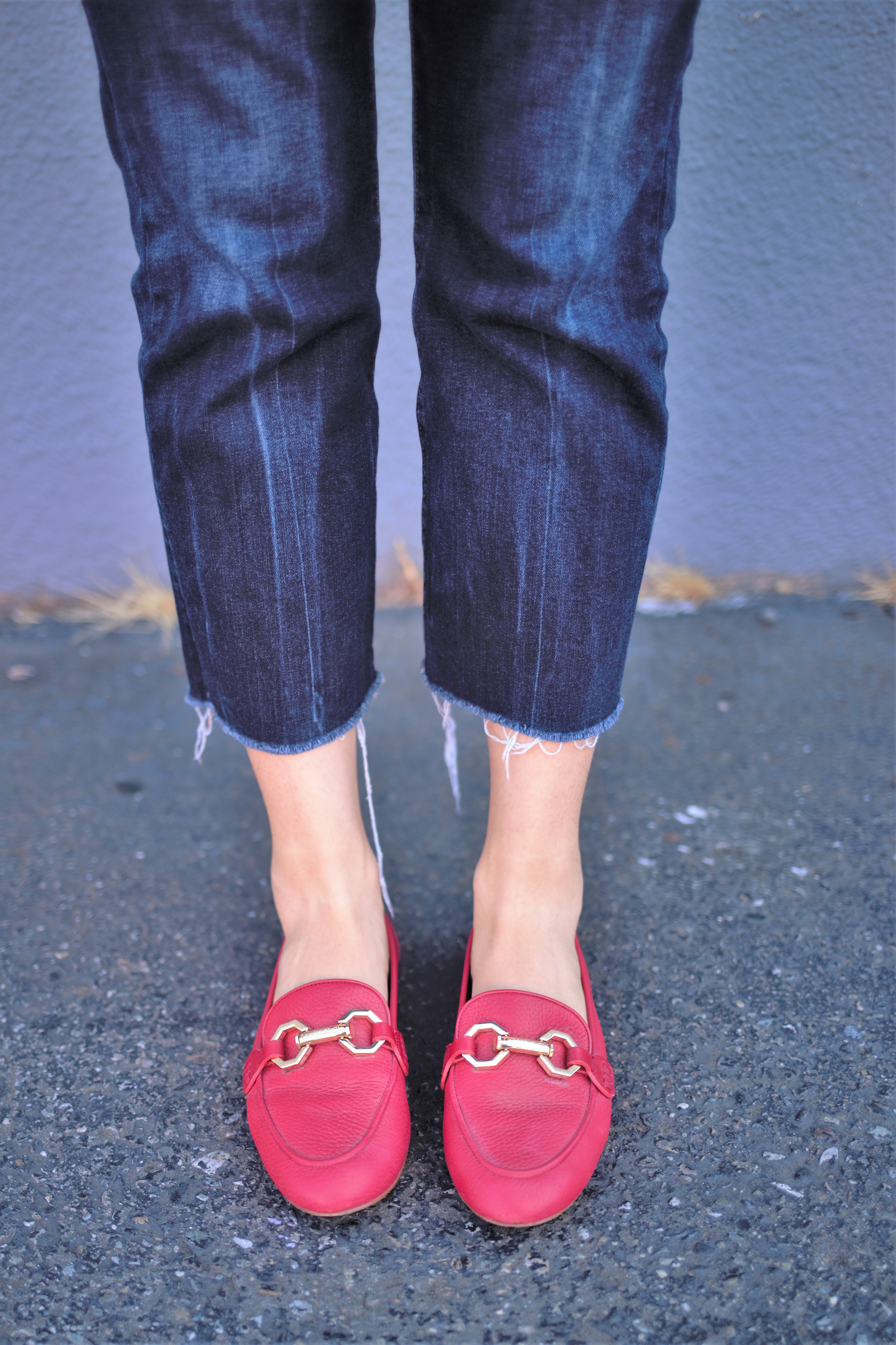 summer stripes - american eagle crop jeans - red loafer outfit - red blazer outfit - Ann Taylor blazer