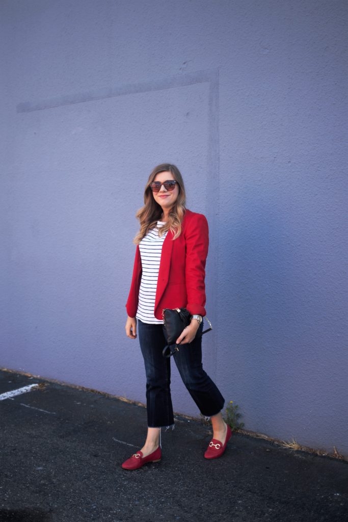 summer stripes - american eagle crop jeans - red loafer outfit - red blazer outfit - Ann Taylor blazer