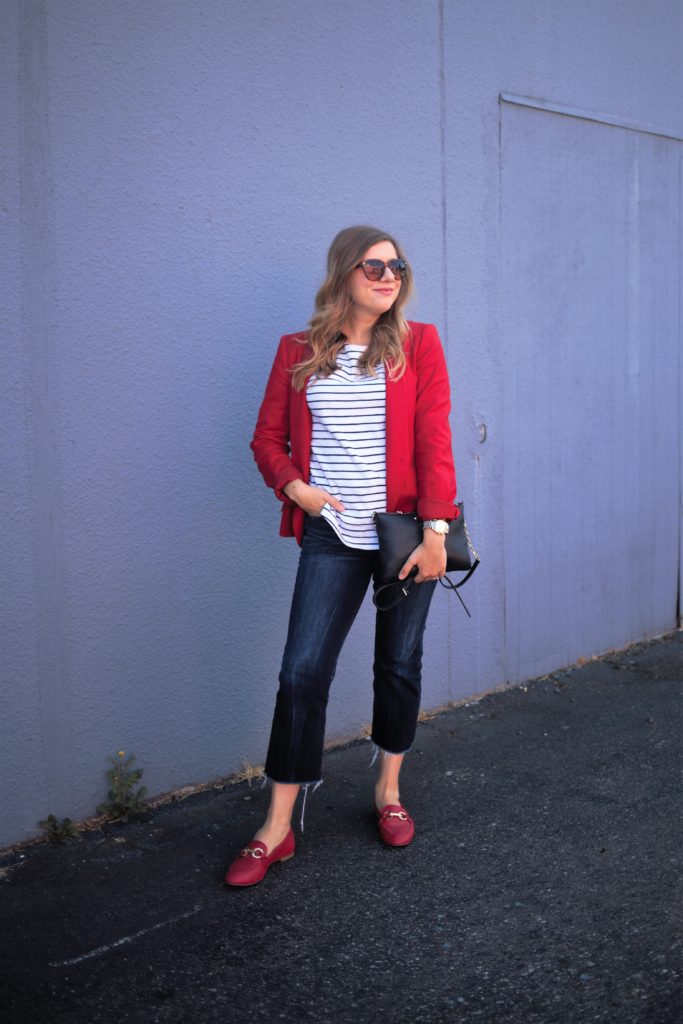summer stripes - american eagle crop jeans - red loafer outfit - red blazer outfit - Ann Taylor blazer