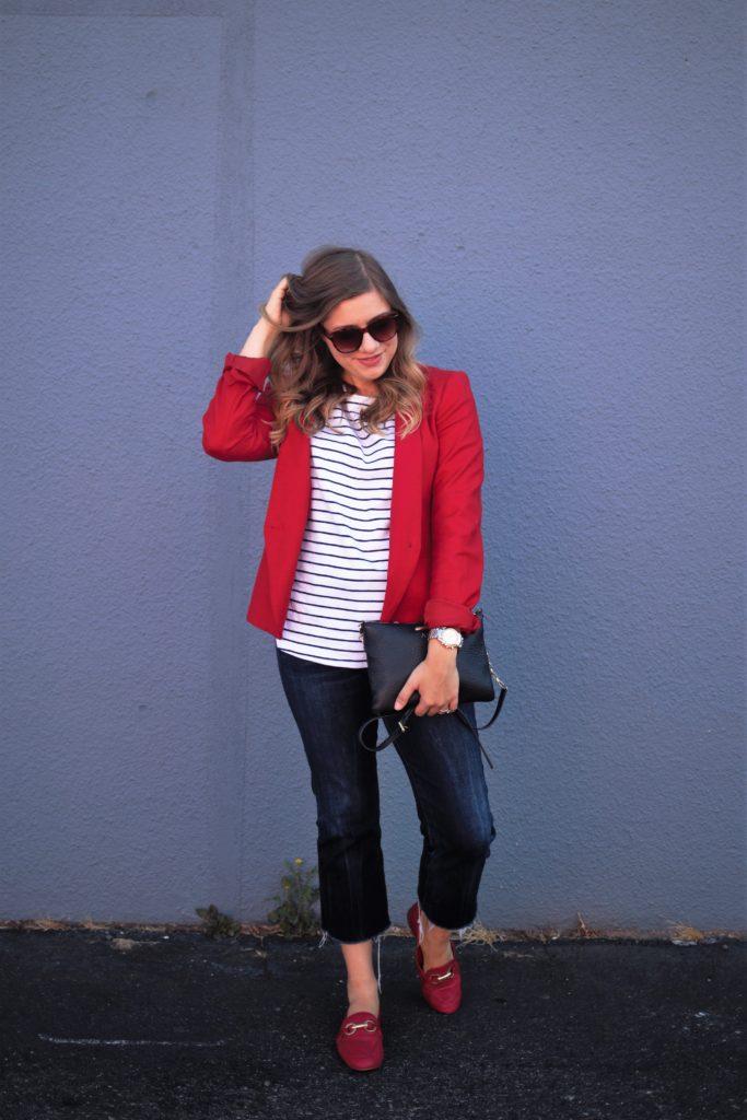 summer stripes - american eagle crop jeans - red loafer outfit - red blazer outfit - Ann Taylor blazer