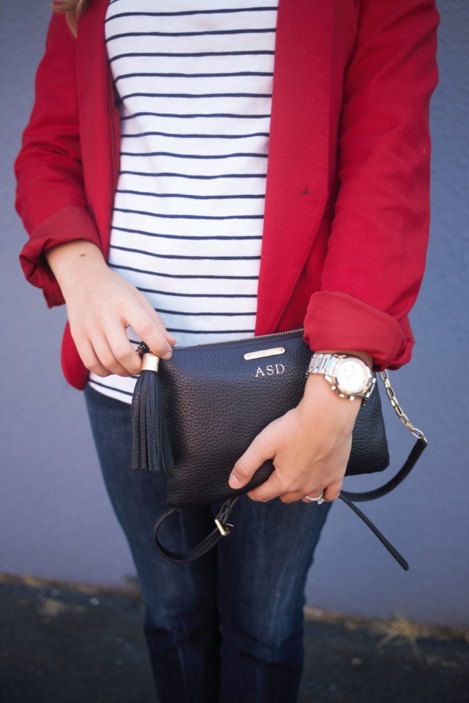 summer stripes - american eagle crop jeans - red loafer outfit - red blazer outfit - Ann Taylor blazer