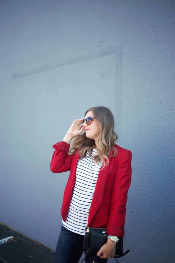 summer stripes - american eagle crop jeans - red loafer outfit - red blazer outfit - Ann Taylor blazer