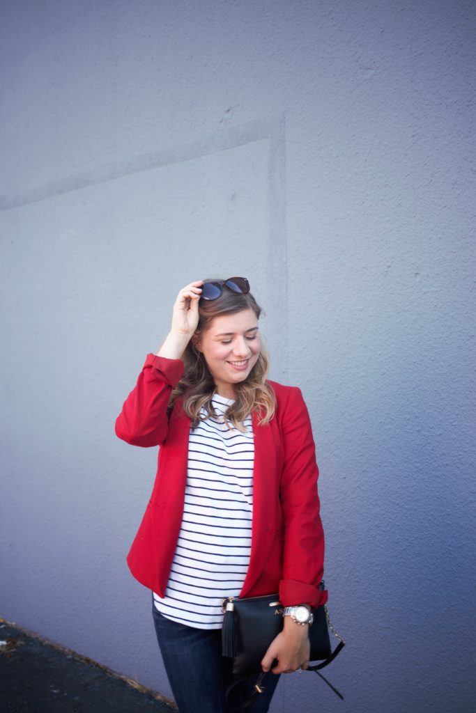 summer stripes - american eagle crop jeans - red loafer outfit - red blazer outfit - Ann Taylor blazer