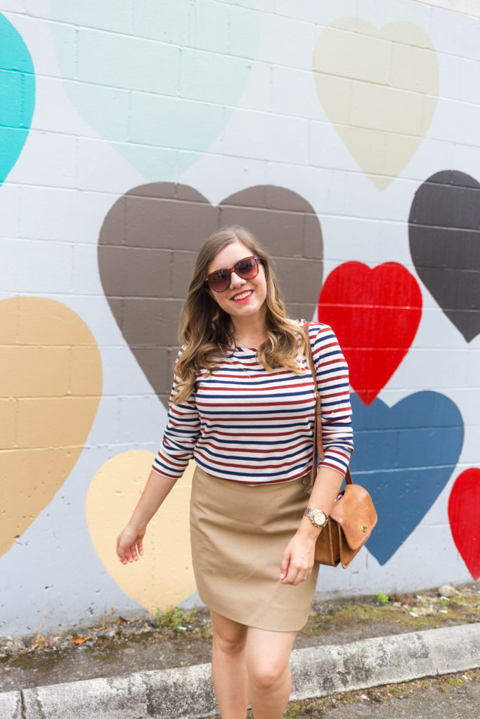 seattle heart wall - bellevue heart wall - red loafers outfit - first trimester recap - casual weekend outfit