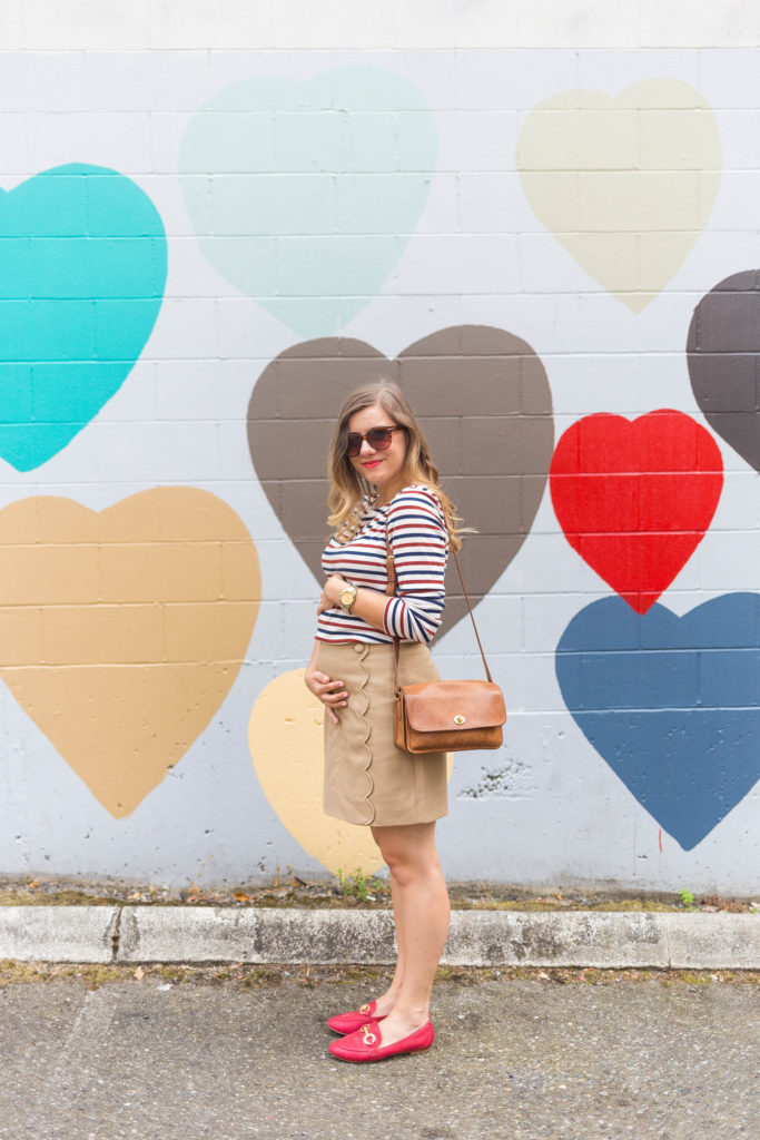 seattle heart wall - bellevue heart wall - red loafers outfit - first trimester recap - casual weekend outfit