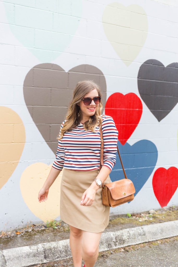 seattle heart wall - bellevue heart wall - red loafers outfit - first trimester recap - casual weekend outfit 