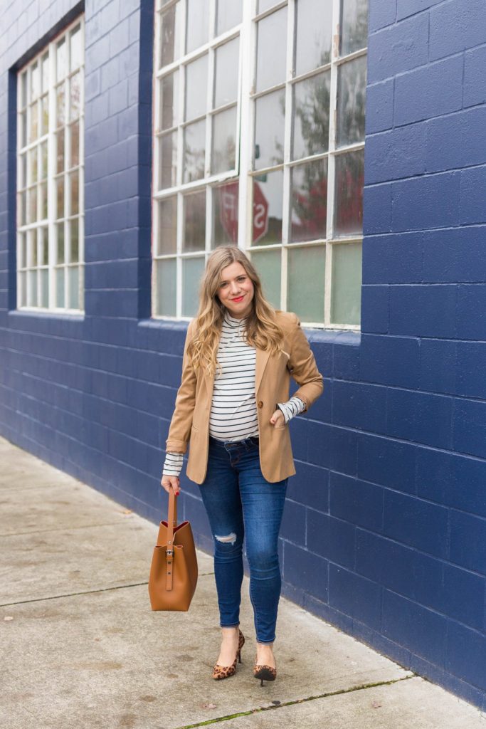 classic style staples - timeless style staples - easy polished look - dressed up casual - old navy maternity jeans - leopard print high heels - cute fall maternity