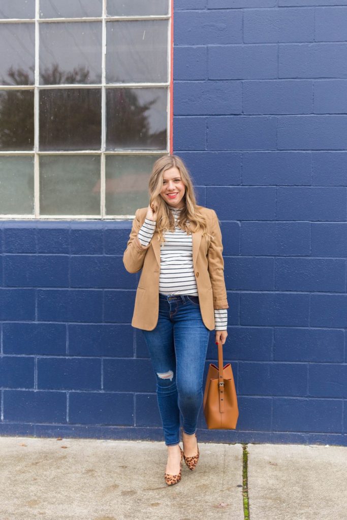 classic style staples - timeless style staples - easy polished look - dressed up casual - old navy maternity jeans - leopard print high heels - cute fall maternity