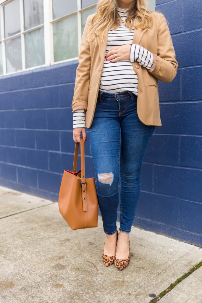 classic style staples - timeless style staples - easy polished look - dressed up casual - old navy maternity jeans - leopard print high heels - cute fall maternity