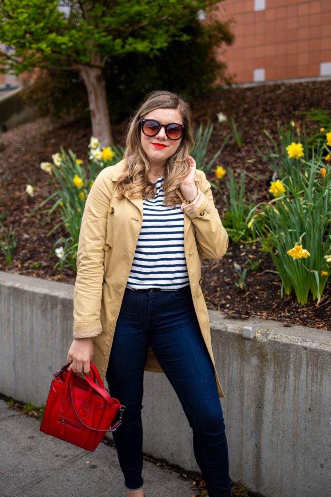 wardrobe staples that never fail - j.crew trench - j.jill denim leggings - Celine luggage tote look a like - Seattle stule blog - Northwest Blonde